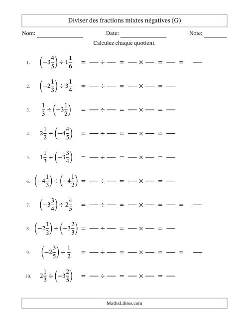 Diviser des fractions mixtes négatives avec dénominateurs jusqu'aux sixièmes, résultats sous fractions mixtes et sans simplification (Remplissable) (G)