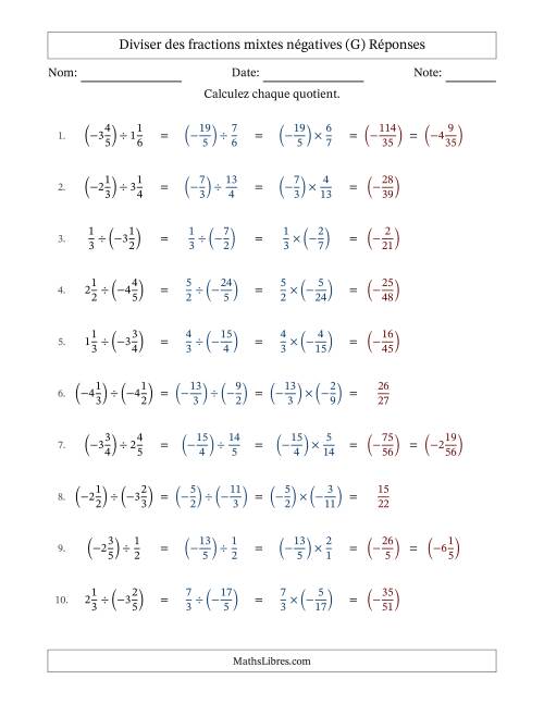 Diviser des fractions mixtes négatives avec dénominateurs jusqu'aux sixièmes, résultats sous fractions mixtes et sans simplification (Remplissable) (G) page 2