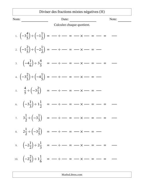 Diviser des fractions mixtes négatives avec dénominateurs jusqu'aux sixièmes, résultats sous fractions mixtes et sans simplification (Remplissable) (H)