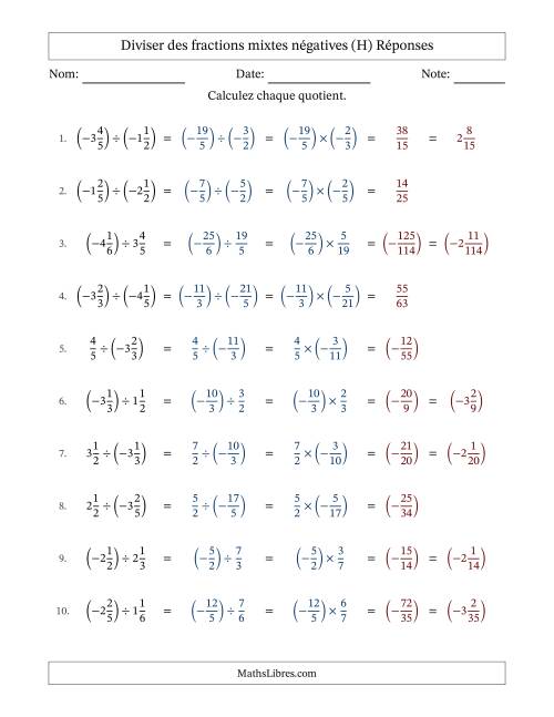Diviser des fractions mixtes négatives avec dénominateurs jusqu'aux sixièmes, résultats sous fractions mixtes et sans simplification (Remplissable) (H) page 2