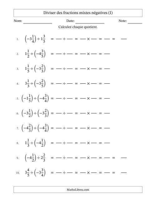 Diviser des fractions mixtes négatives avec dénominateurs jusqu'aux sixièmes, résultats sous fractions mixtes et sans simplification (Remplissable) (I)