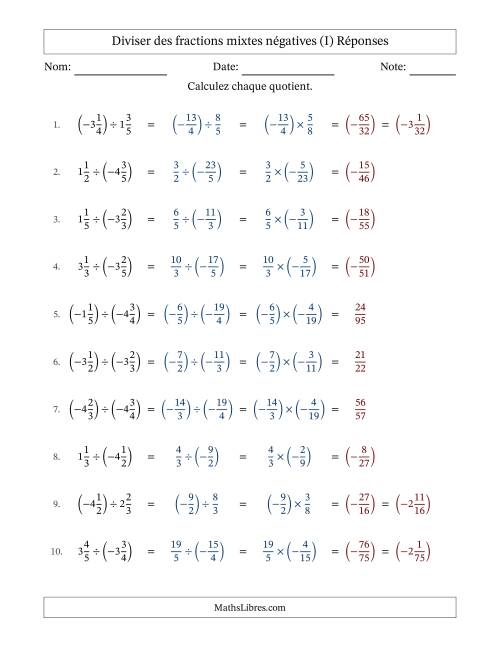 Diviser des fractions mixtes négatives avec dénominateurs jusqu'aux sixièmes, résultats sous fractions mixtes et sans simplification (Remplissable) (I) page 2