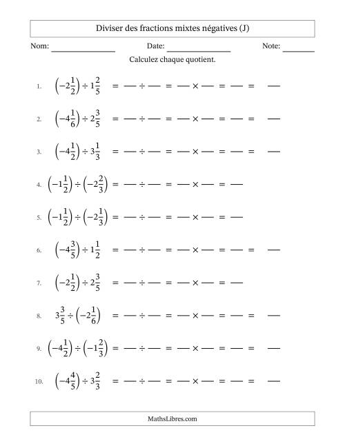 Diviser des fractions mixtes négatives avec dénominateurs jusqu'aux sixièmes, résultats sous fractions mixtes et sans simplification (Remplissable) (J)