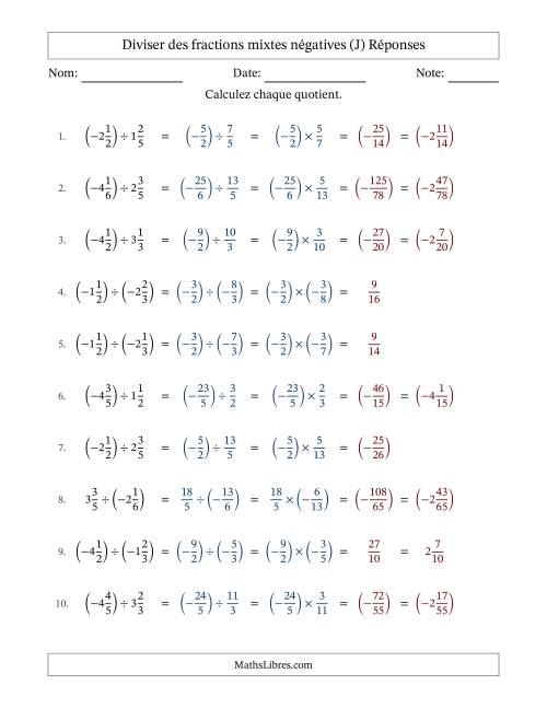 Diviser des fractions mixtes négatives avec dénominateurs jusqu'aux sixièmes, résultats sous fractions mixtes et sans simplification (Remplissable) (J) page 2