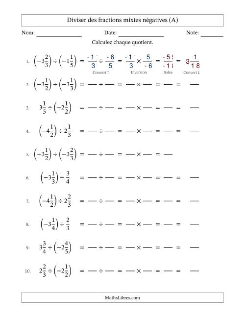 Diviser des fractions mixtes négatives avec dénominateurs jusqu'aux sixièmes, résultats sous fractions mixtes et sans simplification (Remplissable) (Tout)