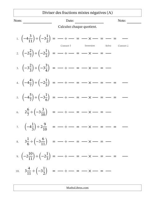 Diviser des fractions mixtes négatives avec dénominateurs jusqu'aux douzièmes, résultats sous fractions mixtes et sans simplification (Remplissable) (A)