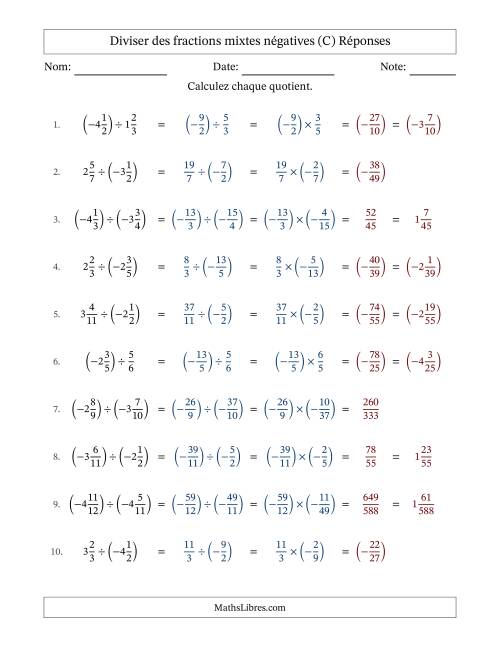 Diviser des fractions mixtes négatives avec dénominateurs jusqu'aux douzièmes, résultats sous fractions mixtes et sans simplification (Remplissable) (C) page 2