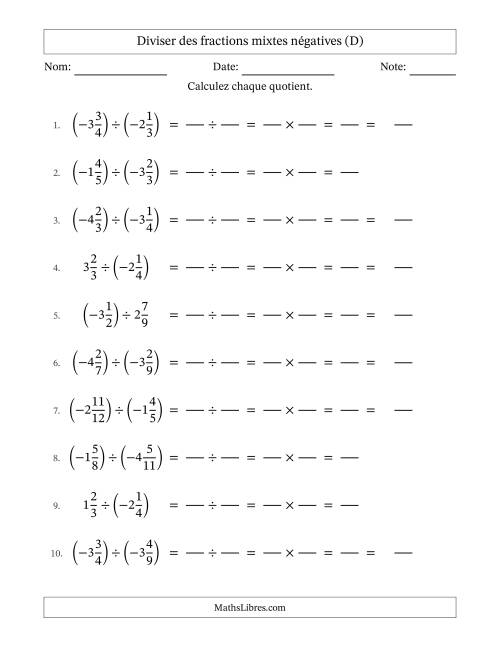 Diviser des fractions mixtes négatives avec dénominateurs jusqu'aux douzièmes, résultats sous fractions mixtes et sans simplification (Remplissable) (D)