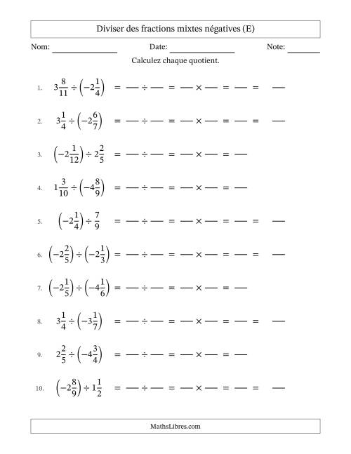 Diviser des fractions mixtes négatives avec dénominateurs jusqu'aux douzièmes, résultats sous fractions mixtes et sans simplification (Remplissable) (E)
