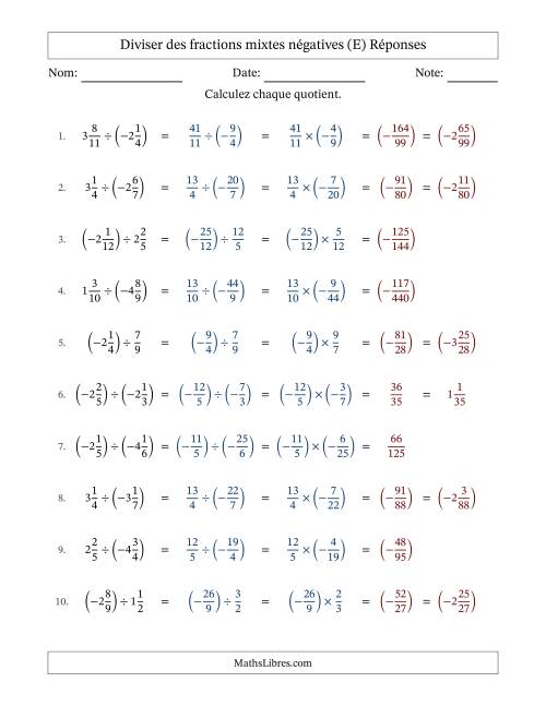 Diviser des fractions mixtes négatives avec dénominateurs jusqu'aux douzièmes, résultats sous fractions mixtes et sans simplification (Remplissable) (E) page 2