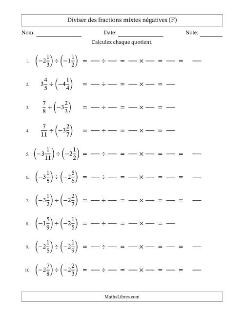 Diviser des fractions mixtes négatives avec dénominateurs jusqu'aux douzièmes, résultats sous fractions mixtes et sans simplification (Remplissable) (F)