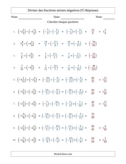 Diviser des fractions mixtes négatives avec dénominateurs jusqu'aux douzièmes, résultats sous fractions mixtes et sans simplification (Remplissable) (F) page 2
