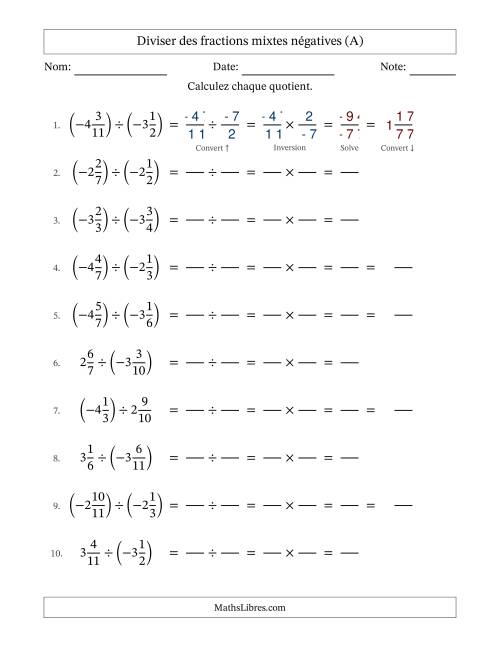 Diviser des fractions mixtes négatives avec dénominateurs jusqu'aux douzièmes, résultats sous fractions mixtes et sans simplification (Remplissable) (Tout)