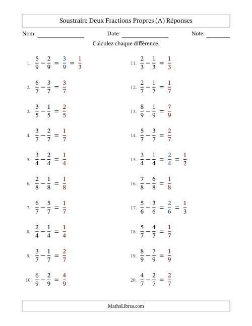 Soustraire deux fractions propres avec des dénominateurs égaux, résultats en fractions propres, et avec simplification dans quelques problèmes (Remplissable) (A) page 2
