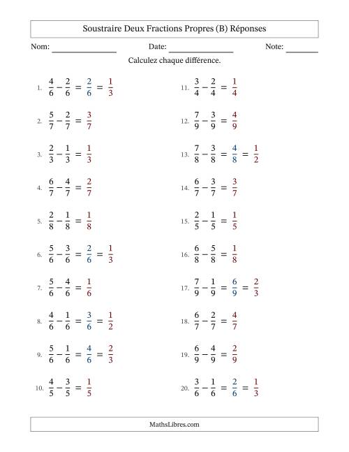 Soustraire deux fractions propres avec des dénominateurs égaux, résultats en fractions propres, et avec simplification dans quelques problèmes (Remplissable) (B) page 2