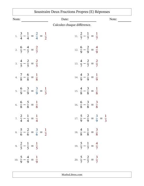 Soustraire deux fractions propres avec des dénominateurs égaux, résultats en fractions propres, et avec simplification dans quelques problèmes (Remplissable) (E) page 2