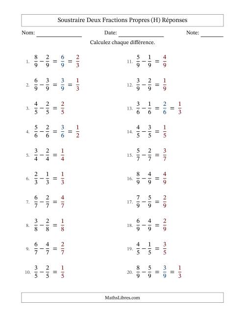 Soustraire deux fractions propres avec des dénominateurs égaux, résultats en fractions propres, et avec simplification dans quelques problèmes (Remplissable) (H) page 2