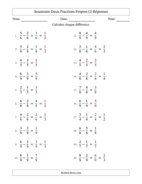 Soustraire deux fractions propres avec des dénominateurs égaux, résultats en fractions propres, et avec simplification dans quelques problèmes (Remplissable) (I) page 2