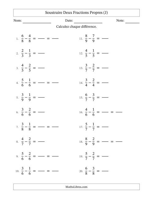 Soustraire deux fractions propres avec des dénominateurs égaux, résultats en fractions propres, et avec simplification dans quelques problèmes (Remplissable) (J)