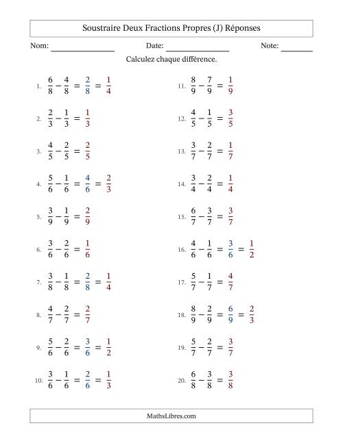 Soustraire deux fractions propres avec des dénominateurs égaux, résultats en fractions propres, et avec simplification dans quelques problèmes (Remplissable) (J) page 2