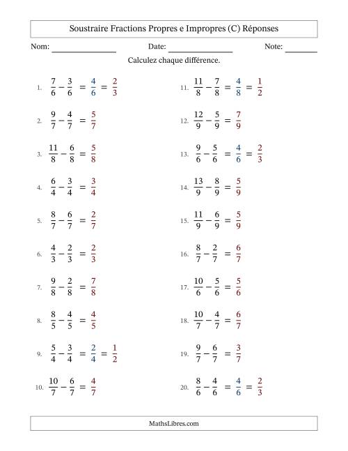Soustraire fractions propres e impropres avec des dénominateurs égaux, résultats en fractions propres, et avec simplification dans quelques problèmes (Remplissable) (C) page 2