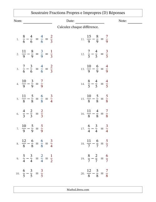 Soustraire fractions propres e impropres avec des dénominateurs égaux, résultats en fractions propres, et avec simplification dans quelques problèmes (Remplissable) (D) page 2