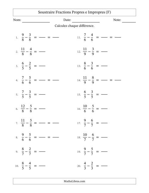 Soustraire fractions propres e impropres avec des dénominateurs égaux, résultats en fractions propres, et avec simplification dans quelques problèmes (Remplissable) (F)