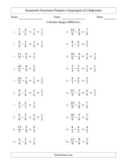 Soustraire fractions propres e impropres avec des dénominateurs égaux, résultats en fractions propres, et avec simplification dans quelques problèmes (Remplissable) (G) page 2