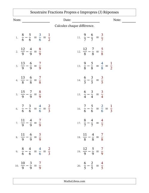 Soustraire fractions propres e impropres avec des dénominateurs égaux, résultats en fractions propres, et avec simplification dans quelques problèmes (Remplissable) (J) page 2
