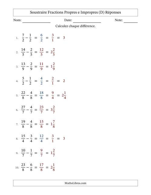 Soustraire fractions propres e impropres avec des dénominateurs égaux, résultats en fractions mixtes, et avec simplification dans quelques problèmes (Remplissable) (D) page 2
