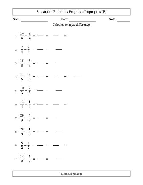 Soustraire fractions propres e impropres avec des dénominateurs égaux, résultats en fractions mixtes, et avec simplification dans quelques problèmes (Remplissable) (E)