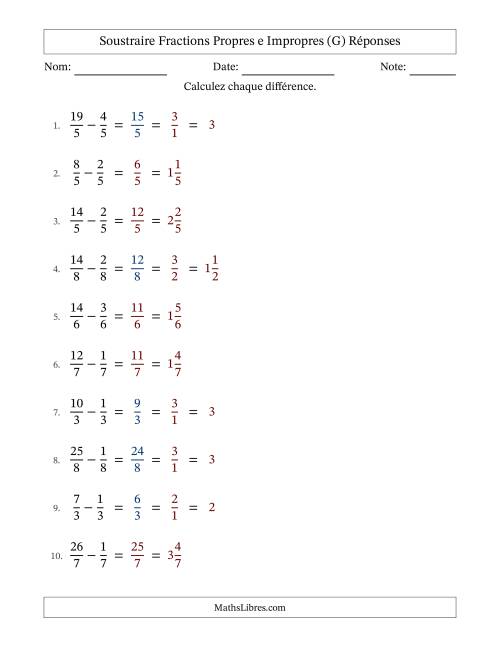 Soustraire fractions propres e impropres avec des dénominateurs égaux, résultats en fractions mixtes, et avec simplification dans quelques problèmes (Remplissable) (G) page 2