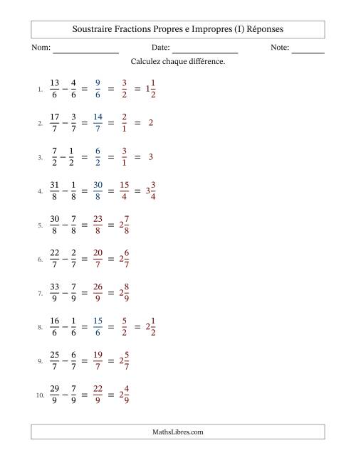 Soustraire fractions propres e impropres avec des dénominateurs égaux, résultats en fractions mixtes, et avec simplification dans quelques problèmes (Remplissable) (I) page 2