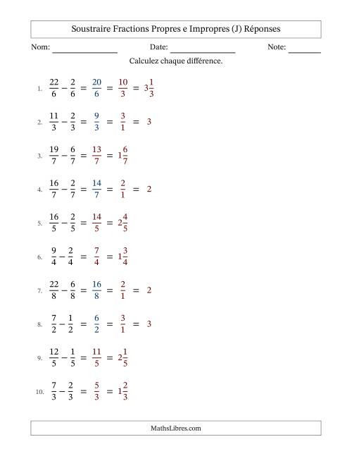 Soustraire fractions propres e impropres avec des dénominateurs égaux, résultats en fractions mixtes, et avec simplification dans quelques problèmes (Remplissable) (J) page 2