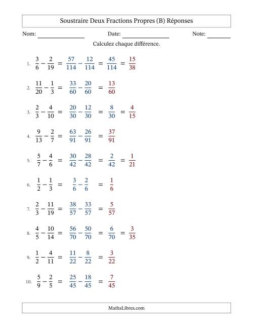 Soustraire deux fractions propres avec des dénominateurs différents, résultats en fractions propres, et avec simplification dans quelques problèmes (Remplissable) (B) page 2