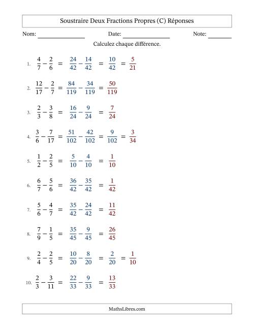 Soustraire deux fractions propres avec des dénominateurs différents, résultats en fractions propres, et avec simplification dans quelques problèmes (Remplissable) (C) page 2