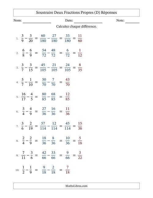 Soustraire deux fractions propres avec des dénominateurs différents, résultats en fractions propres, et avec simplification dans quelques problèmes (Remplissable) (D) page 2