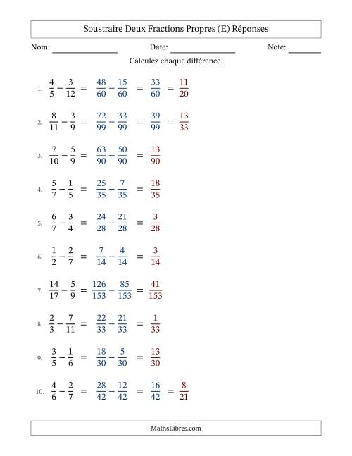 Soustraire deux fractions propres avec des dénominateurs différents, résultats en fractions propres, et avec simplification dans quelques problèmes (Remplissable) (E) page 2