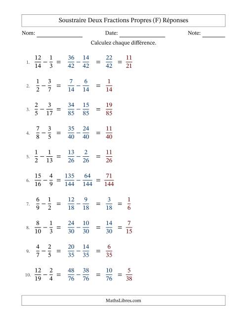 Soustraire deux fractions propres avec des dénominateurs différents, résultats en fractions propres, et avec simplification dans quelques problèmes (Remplissable) (F) page 2