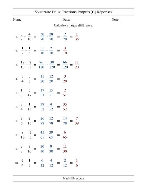 Soustraire deux fractions propres avec des dénominateurs différents, résultats en fractions propres, et avec simplification dans quelques problèmes (Remplissable) (G) page 2