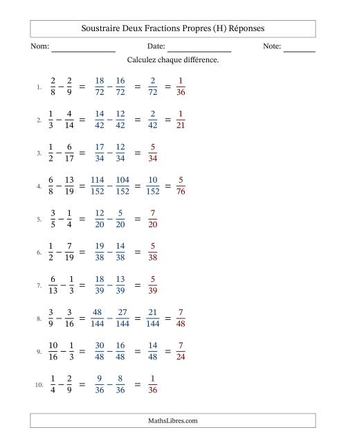 Soustraire deux fractions propres avec des dénominateurs différents, résultats en fractions propres, et avec simplification dans quelques problèmes (Remplissable) (H) page 2