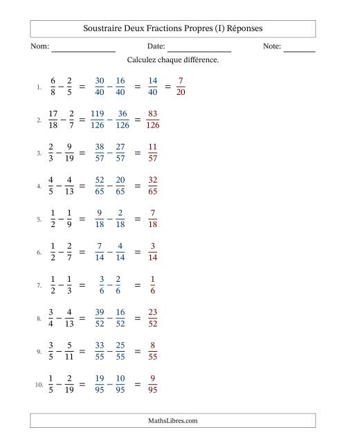 Soustraire deux fractions propres avec des dénominateurs différents, résultats en fractions propres, et avec simplification dans quelques problèmes (Remplissable) (I) page 2