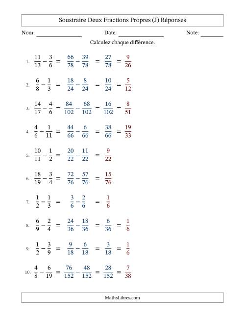 Soustraire deux fractions propres avec des dénominateurs différents, résultats en fractions propres, et avec simplification dans quelques problèmes (Remplissable) (J) page 2