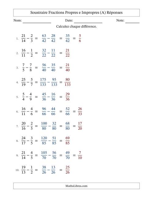 Soustraire fractions propres e impropres avec des dénominateurs différents, résultats en fractions propres, et avec simplification dans quelques problèmes (Remplissable) (A) page 2