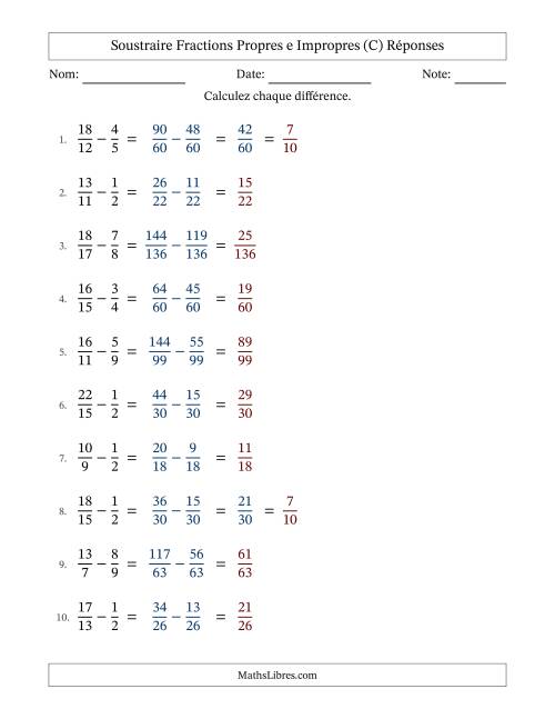 Soustraire fractions propres e impropres avec des dénominateurs différents, résultats en fractions propres, et avec simplification dans quelques problèmes (Remplissable) (C) page 2