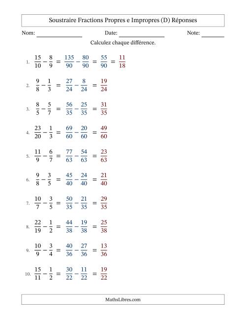 Soustraire fractions propres e impropres avec des dénominateurs différents, résultats en fractions propres, et avec simplification dans quelques problèmes (Remplissable) (D) page 2