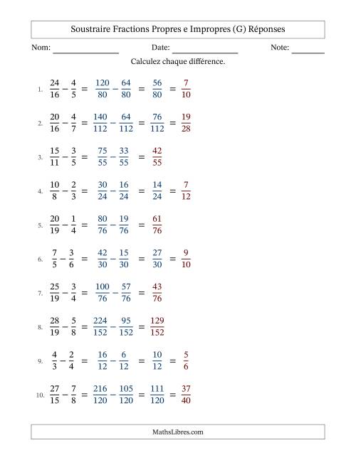 Soustraire fractions propres e impropres avec des dénominateurs différents, résultats en fractions propres, et avec simplification dans quelques problèmes (Remplissable) (G) page 2