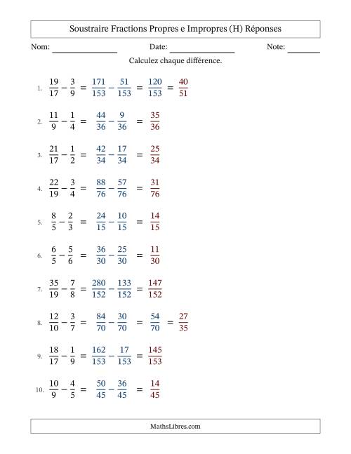 Soustraire fractions propres e impropres avec des dénominateurs différents, résultats en fractions propres, et avec simplification dans quelques problèmes (Remplissable) (H) page 2