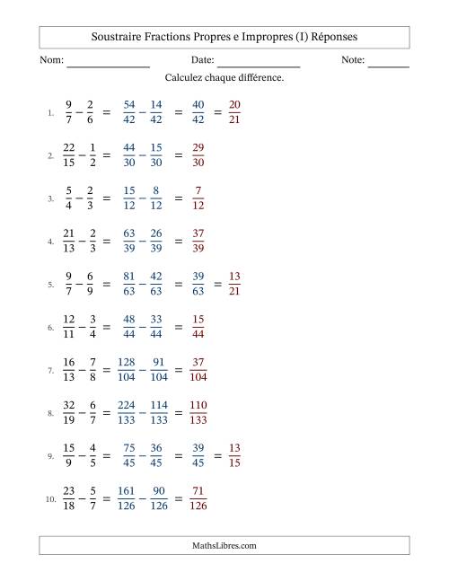 Soustraire fractions propres e impropres avec des dénominateurs différents, résultats en fractions propres, et avec simplification dans quelques problèmes (Remplissable) (I) page 2
