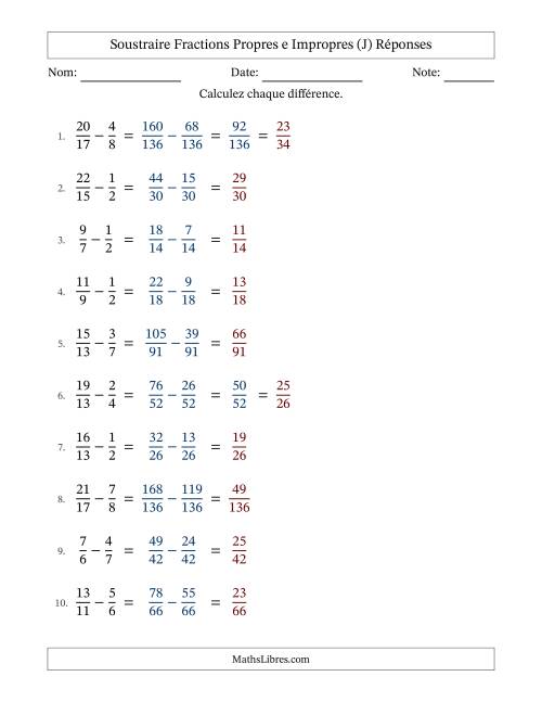 Soustraire fractions propres e impropres avec des dénominateurs différents, résultats en fractions propres, et avec simplification dans quelques problèmes (Remplissable) (J) page 2